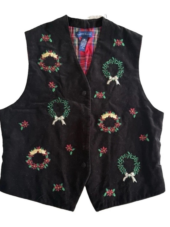Karen Scott Jackets & Blazers - Ugly Christmas Vest Velvet Embroidered Wreaths Tartan Plaid Back 90s VTG Medium